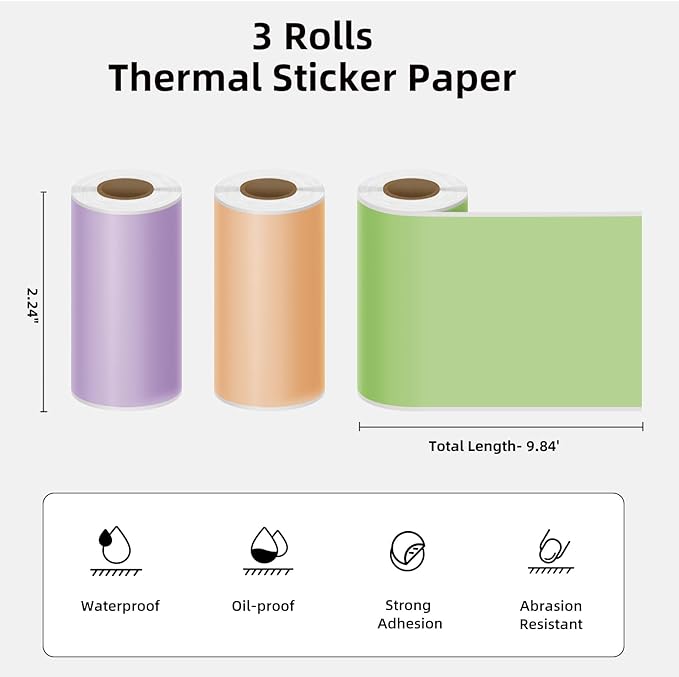 Green/Purple/Orange Self-Adhesive Thermal Paper, Printable Sticker Paper for ORGSTA S002 Portable Sticker Printer, 57mm x 3m Mini Printer Paper for Journal, Photo, Study Notes - 3 Rolls