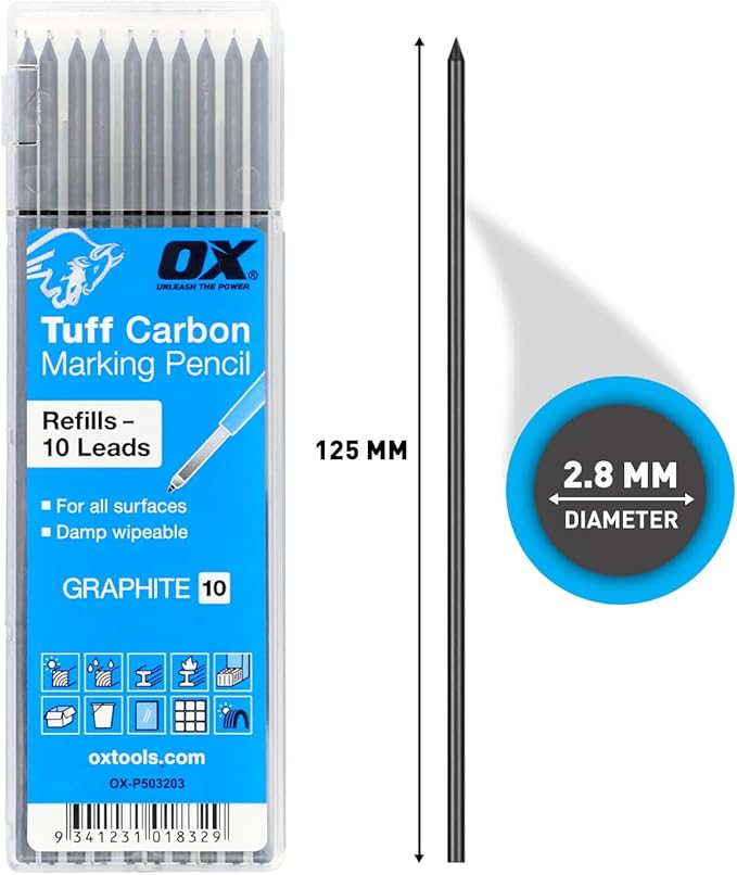 OX Tools ‎Tuff Carbon Marking Pencil Replacement Lead 10-Pack Basic Graphite Lead, 2.88mm lead, OX-P503203