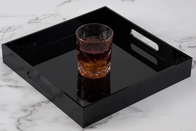 Glossy Black Sturdy Acrylic Serving Tray with Handles - 12x12 Inch Multipurpose Tray for Coffee, Appetizers, Breakfast, and More