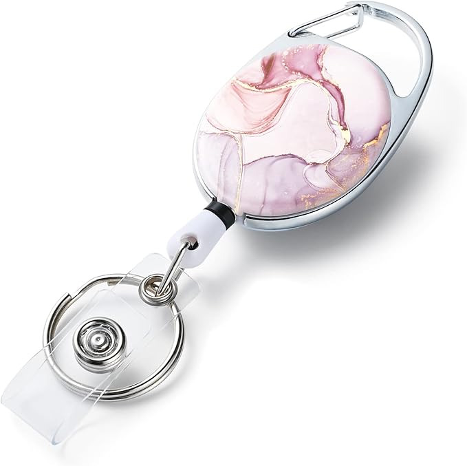 Badge Reels Retractable，Double Sided Color Print Pattern Badge Holders，with Keychain, Clip and Key Ring，Durable Nylon Rope，Pink Marble