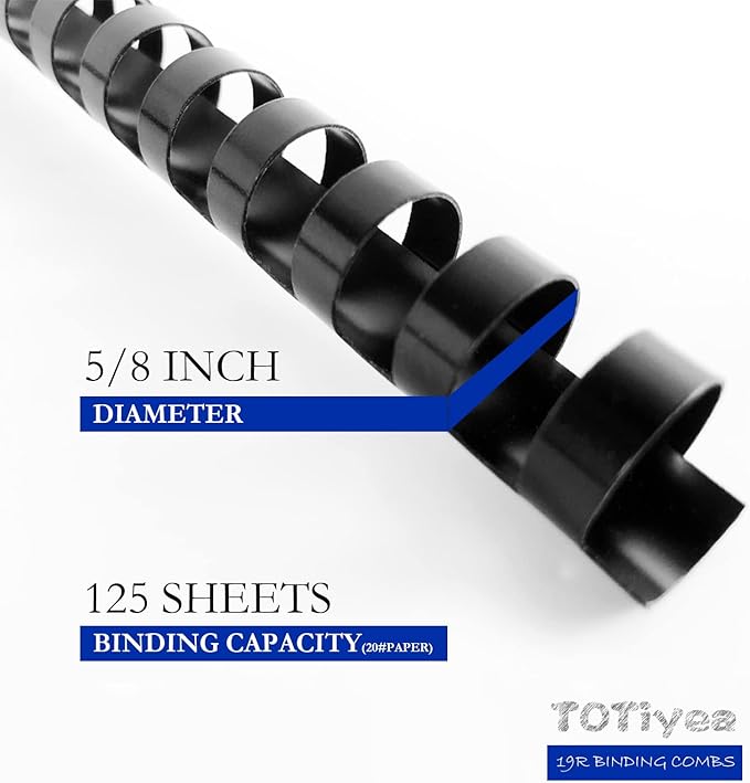 TOTiyea 100 Pack 19 Ring Plastic Binding Combs, 5/8 Inch Diameter, 125 Sheet Capacity, Letter Size, Black Comb Binding Spines