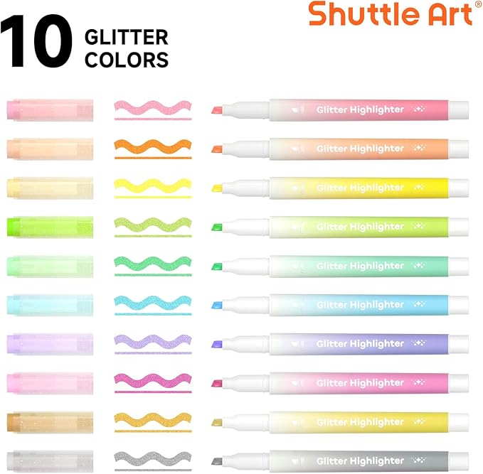 Glitter Highlighters, Shuttle Art 10 Sparkle Colors Chisel Tip Fluorescent Markers, Quick-Dry Non-Toxic Aesthetic Shimmer Highlighter Pens for Kids Teens Adults, Perfect for School Office Art Supplies