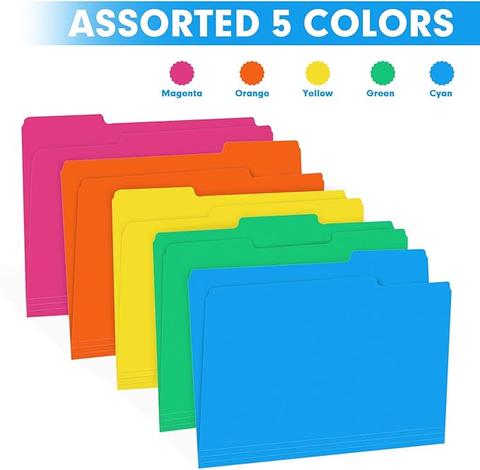 File Folder, RAZCC 250 Pack 1/3 Cut Tab Colored Folders, Colored File Folder Letter Size for Office Classroom Use, Folders with Tabs Assorted 5 Colors