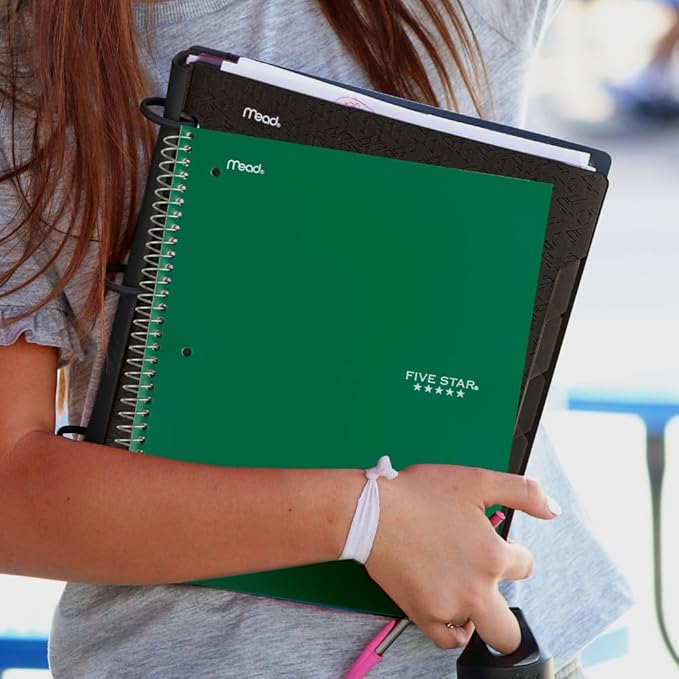 Five Star Spiral Notebook + Study App, 5 Subject, Wide Ruled Paper, Fights Ink Bleed, Water Resistant Cover, 8" x 10-1/2", 200 Sheets, Forest Green (73441)