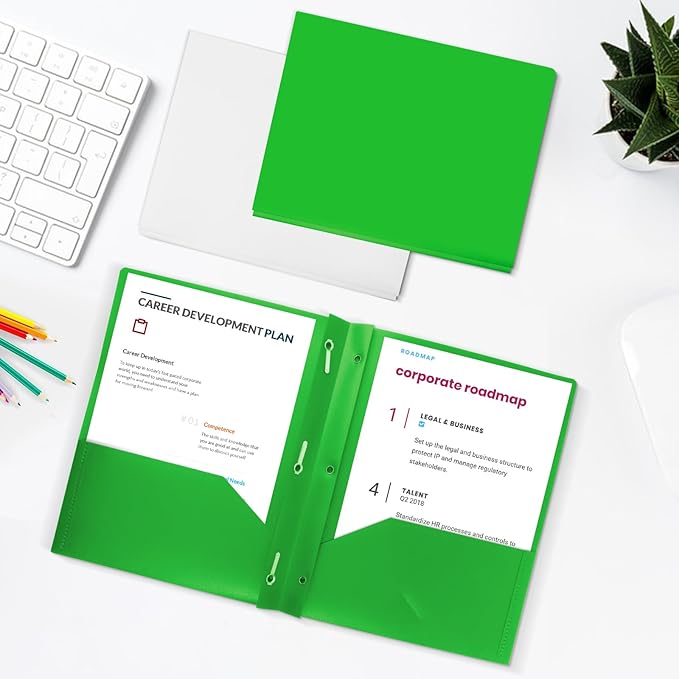 60-Pack Plastic Folders with Pockets and Prongs,2-Pocket Folders with 3 Fasteners, Poly Folders Holds 8-1/2" x 11" Paper for School/Office/Home, Green