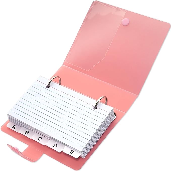 3x5 Lined Index Cards with Ring Binder Holder and Dividers, 100 Ruled Cards, Pink