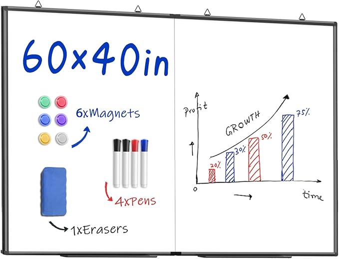 60"X 40" Large Magnetic Dry Erase Whiteboard, Wall Hanging Board with 4 Dry Erase Markers & 1 Dry Erasers & 6 Magnets, Aluminum Frame Black