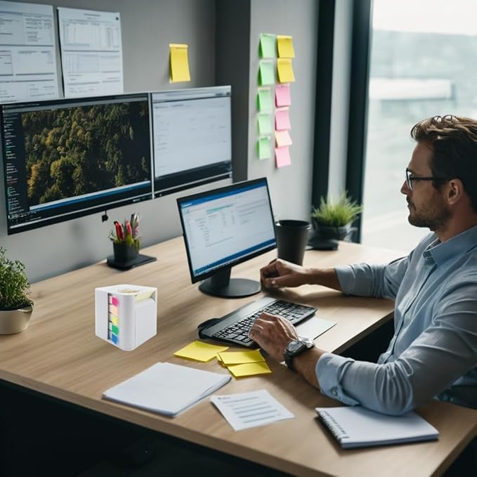 5-in-1 Note Dispenser and Holder with Self-Adhesive Notepad and Color Flat Labels, Note Organizer for Home, School, Office (White)