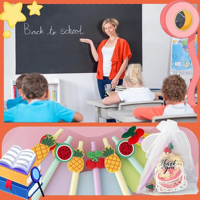 74 Set Student Gift Set 6 in 1 Multicoloured Ballpoint Pen Thank You Card Batch Keychain Inspirational Stickers Teacher Gifts for Classroom Birthday Party Supplies