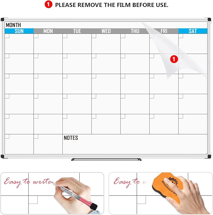 XBoard Magnetic Calendar Whiteboard 60" x 40" - Monthly Calendar Dry Erase Board, White Board + Colorful Calendar Board, Silver Aluminium Framed Monthly Planning Board