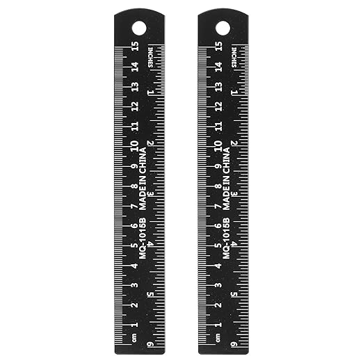HARFINGTON 2pcs Metal Straight Ruler 15cm Metric SAE Aluminum Alloy Measuring Rulers Scale Tool with Hole for Measure Study Reading Classroom Office, Black
