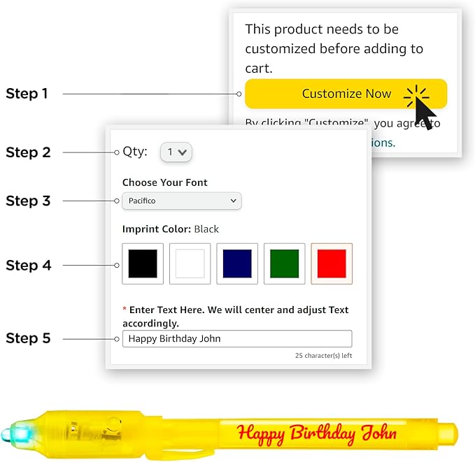 Personalized Invisible Disappearing Ink Pen Marker Pack, Custom Secret Spy Message Writer with UV Light, Fun for Kids Party Favors Gifts and Stock Stuffers, 24 Pack, Yellow