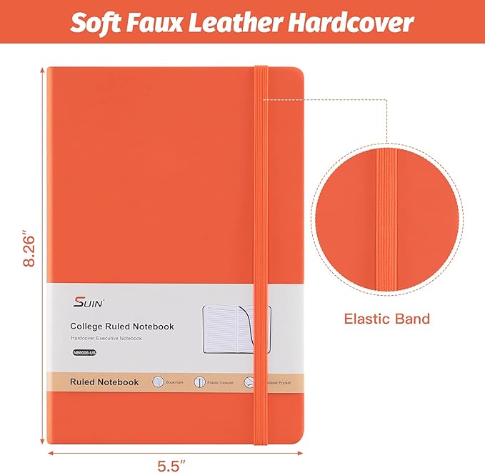 SUIN Hardcover-Journal-Notebooks, A5 Lined Journals Notebook for Writing 200 Pages, 8.2 x 5.5 inch, Classic Ruled Notebooks for Work/Travel/College (Orange- 1 Pack)