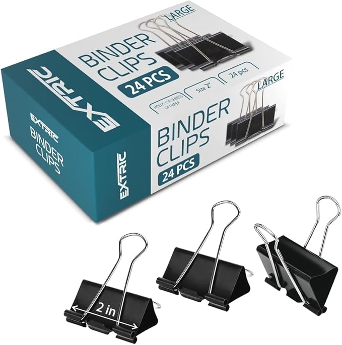 Binder Clips - 24 Pack Large Black Paper Clamps, 2 Inch, Holds 200+ Pages, File Clip for Home, Office and School Supplies