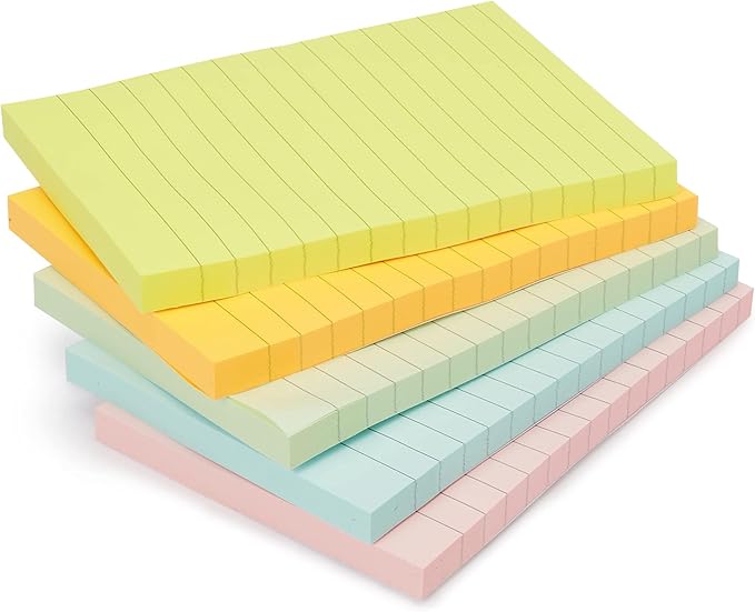 Amazon Basics Sticky Note Pads, Lined, 4x6, Rectangular, Assorted Colors, Pack of 5