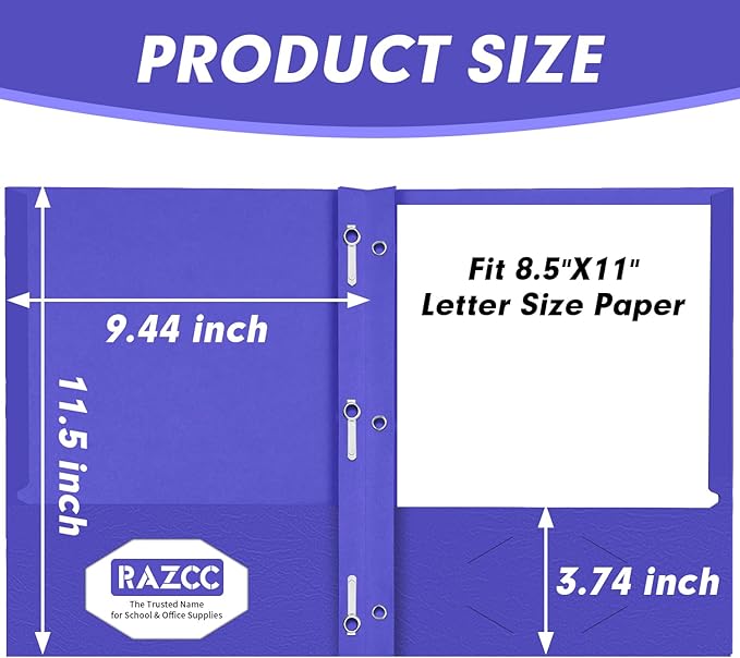 Two Pocket Folders, RAZCC 75 Pack Two Pocket Folders with Prongs, 3 Prong Pocket Folders Letter Size, Paper Folders with Prongs for School Office Home Business, Assorted 5 Colors