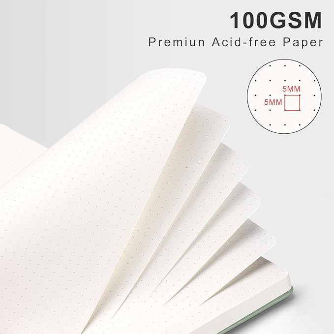 AHGXG Bullet Dotted Journal Spiral Notebook 8.5" x 11", Large A4 Leather Hardcover Dotted Notebook, 100 GSM Thick Dot Grid Paper, Inner Pocket, for Bullet Journaling, Sage Green