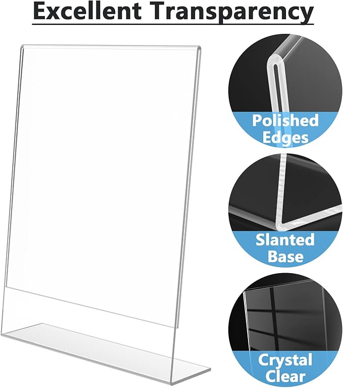 MaxGear Acrylic Sign Holder 8.5 X 11 inches Slant Back Sign Holder Clear Sign Display Holder Plastic Display Stands Table Sign Display Holder for Office, Home, Store, Restaurant - Vertical, 18 Pack
