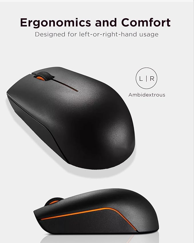 Lenovo 300 Wireless Mouse – Computer Mouse for PC, Laptop with Windows – Ambidextrous Design – 2.4 GHz Nano USB Receiver – 12 Month Battery Life