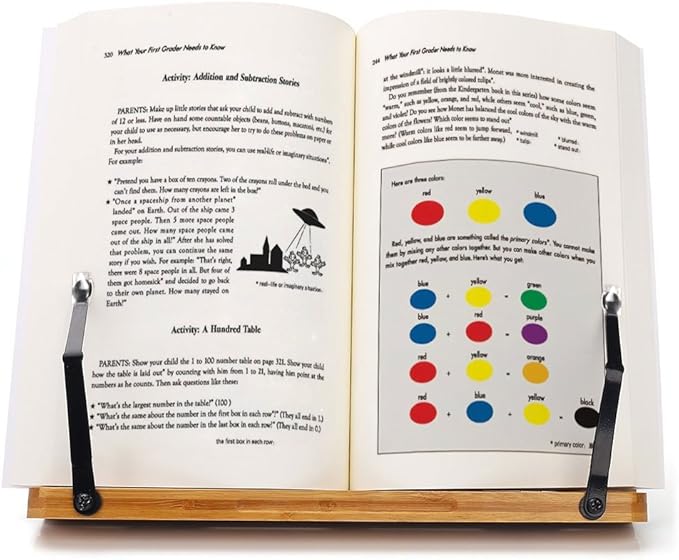 wishacc Bamboo Book Stand, Adjustable Book Holder Tray and Page Paper Clips-Cookbook Reading Desk Portable Stable Hard-Wearing Lightweight Bookstand-Textbooks Books