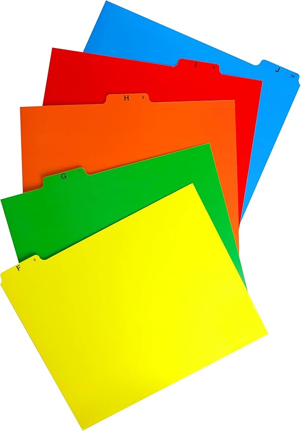 Iconikal Alphabetical File Folder Guide Dividers, A-Z Index, 5 Tabs Across Heavyweight, 5 Full Colors, Letter Size, 1/5 Cut Tab Positions, Heavy Duty Filing Cabinet