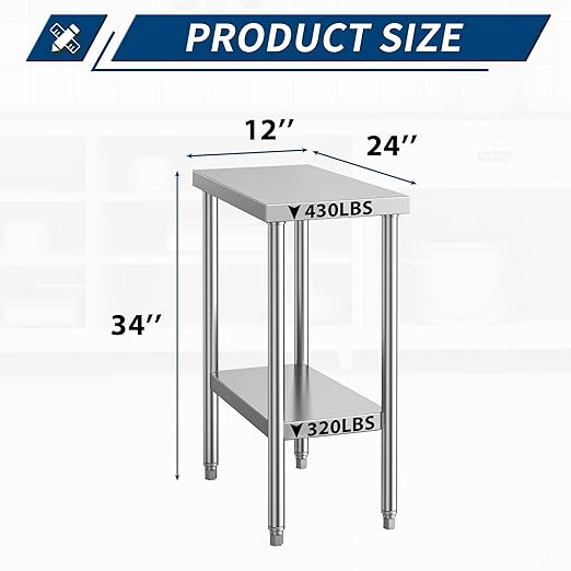 Stainless Steel Table for Prep & Work with Wheels 24 x 12 Inches, NSF Commercial Heavy Duty Food Prep Worktable with Undershelf for Restaurant, Home and Hotel Christmas Preparation Table