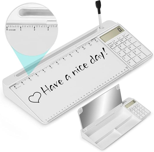 Desktop Glass Whiteboard with Mirror & Calculator(12 Digit LCD Display) & Ruler Marker,Tilted Computer Keyboard Stand with Dry Erase Board Surface, Desk Organizers with Accessories,White