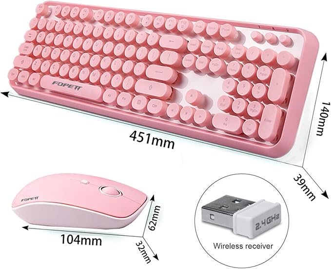 FOPETT Wireless Keyboard and Mouse Combo, 104 Keys Full-Sized 2.4 GHz Round Keycap Colorful Keyboards, USB Receiver Plug and Play, for Windows, Mac, PC, Laptop, Desktop (Pink)