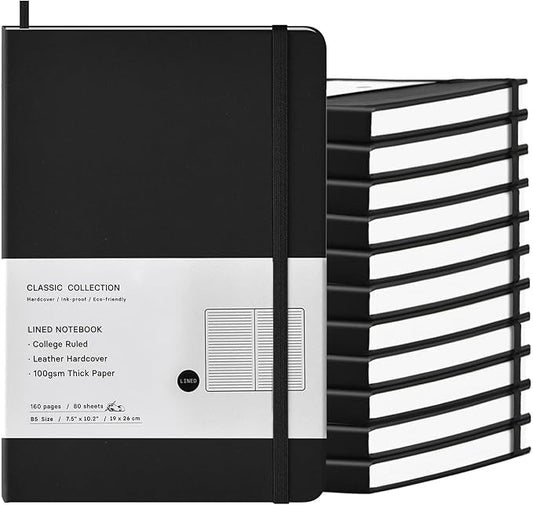 Coopay 12 Pack B5 Notebooks Journal College Ruled Composition Notebooks Classic Hardcover Lined Journals for Office Home School Business Writing Note Taking, 10.2" x 7.5", 100GSM Thick Paper (Black)