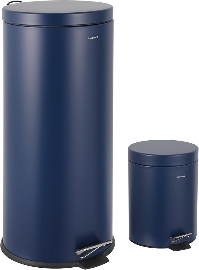 happimess HPM1000B Oscar 8-Gallon Step-Open Trash Can with Free Mini Trash Can, Modern, Fingerprint Proof for Home, Kitchen, Office, Large:7.9 Gallon Small:1.3 Gallon, Denim Blue
