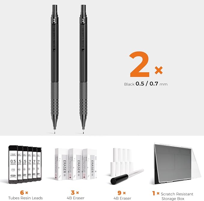 Four Candies 2PCS Metal Mechanical Pencils Set with Case, 0.5mm & 0.7 mm Artist Pencil with 6 Tubes (360PCS) HB Lead Refills, 3 Erasers,9 Eraser Refills For Writing Drafting, Drawing, Black