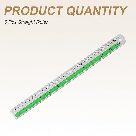 HARFINGTON 6pcs Metal Straight Ruler 30cm Metric SAE Aluminum Alloy Measuring Rulers Scale Tool with Hole for Measure Study Reading Classroom Office, Green