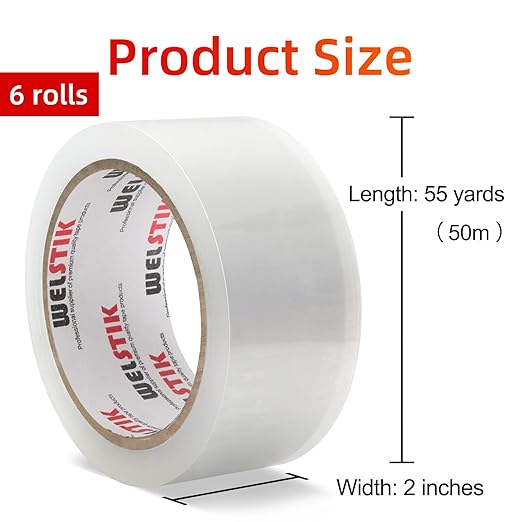 WELSTIK 3" Core, 6 Pack 2.4Mil 2 inch x 60 Yards Heavy Duty Clear Packing Tape with Dispenser, Industrial Shipping Box Transparent Packaging Tape for Moving, Office, Home
