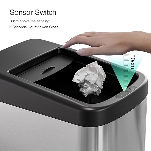 ELLO&ALLO 13 Gallon Kitchen Trash Can with Roll Up Lid, Automatic Touchless Motion Sensor Rectangular Trash Can with Wheels, Brushed Stainless Steel Finish