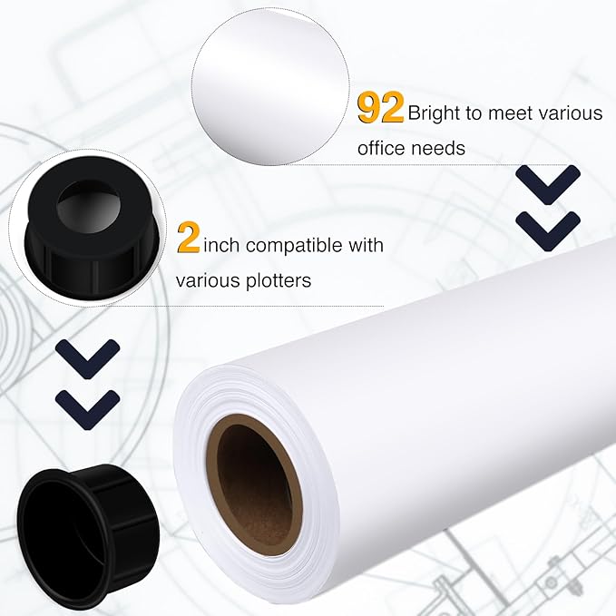VOISEN Wide Format Paper,4 Rolls Plotter Paper 36 In x 150 Ft, 20lb CAD Bond Rolls on 2" Core for CAD Printing on Wide Format Ink Jet Printers