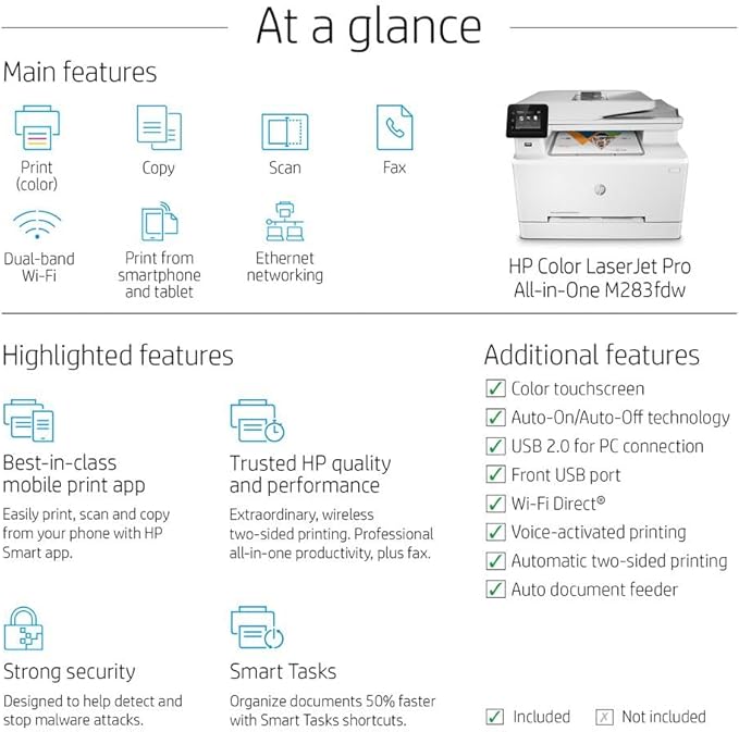 HP Color LaserJet Pro M283fdw Wireless All-in-One Laser Printer, Remote Mobile Print, Scan & Copy, Duplex Printing, Works with Alexa (7KW75A), White