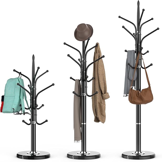 Heavy Duty Coat Rack with Marble Base, Freestanding Hall Coat Tree with 12 Hooks and 3 Adjustable Sizes, Metal Coat Rack Stand for Entryway, Bedroom, Office Hanging Purses, Coats, Scarves, Hats