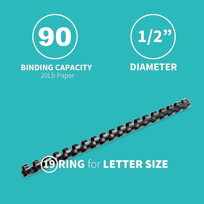 Binditek 100 Pack Plastic Binding Comb Spines, 1/2 Inch Diameter, 90 Sheet Capacity, for Letter Size, Black, for Students and Coworkers