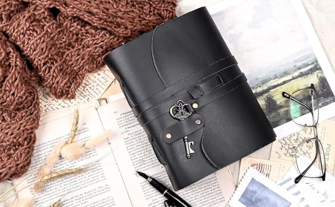 LEATHER VILLAGE Vintage Leather Journal – 200 Handmade Vintage Deckle Edge Paper – Leather bound Journal For Women Men – Vintage Key Closure - Book of Shadows - Black - 6X4 inches (A6)