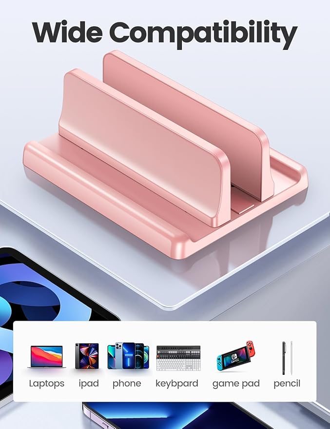 Vaydeer Vertical Laptop Stand Holder Plastic Adjustable Desktop Notebook Dock Space-Saving 3 in 1 for All MacBook Pro Air, Mac, HP, Dell, Microsoft Surface, Lenovo, up to 17.3 inches (Pink)