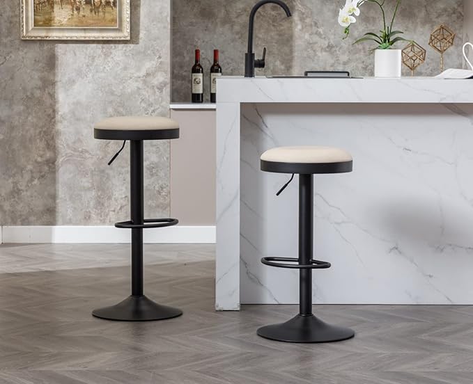 Round Swivel Counter Height Bar Stools Set of 4 Modern Adjustable Barstools Backless PU Leather Bar Chairs Industrial Island Chairs with Metal Base/Footrest for Kitchen Island/Pub/Bar, Beige
