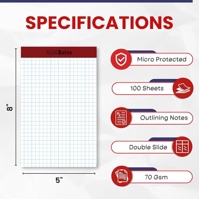 Grid Paper Pad 5x8 Inches – Graph Paper Pad 4x4, Grid Notepad, 36 Pack, 5x8 Graph Paper 1/4 Grid, Graphing Paper, Engineering Pad – 100 Sheets 200 Pages Perforated Pad for School, Home, & Office