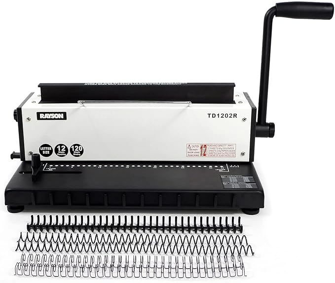 Rayson TD1202R Wire Binding Machine, 3:1 Pitch Round Hole Coil Binder Hole Punch, Compatible with Wire, Spiral, and Click Binding Spines, 32-Hole Punch, Punches 12 Sheets, Binds 120 Sheets