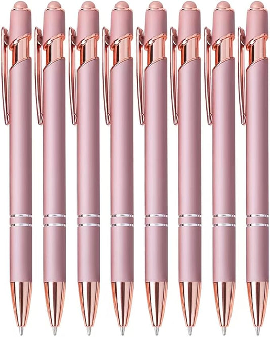 8 Pack Rose Ballpoint Pen with Stylus Tip, Metal Stylus Pens for Touch Screens, 1.0 mm Black Ink
