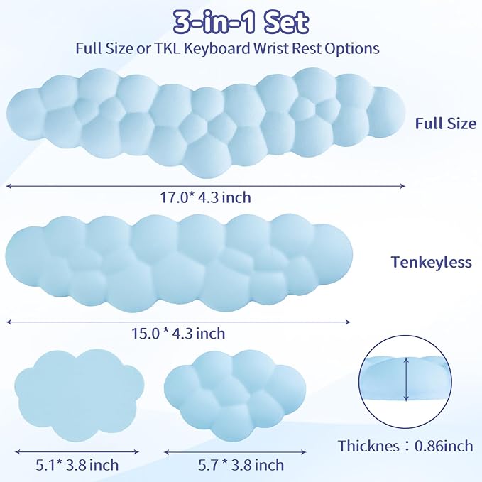 Cloud Wrist Rest Keyboard, Cloud Palm Rest Set with PU Leather Memory Foam, Cute Keyboard Rest for Wrist Support and Arm Rest, Desk Cloud Wrist Pad for PC/Gaming/Hand Cushion/Computer-Blue