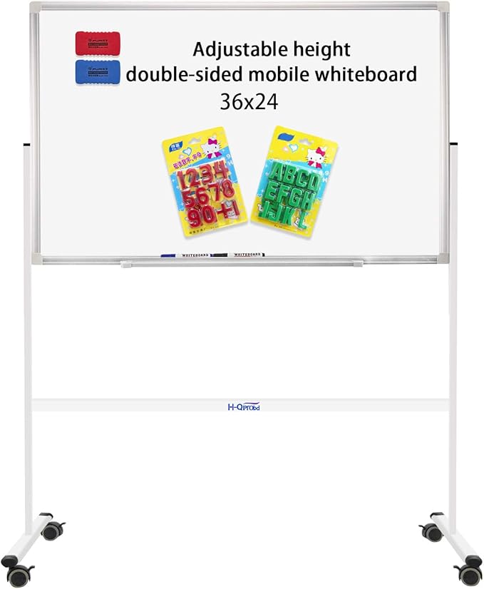 H-Qprobd Mobile Whiteboard 36"x24" Magnetic Dry Erase Board with Stand - Adjustable Height Double Side Rolling White Boards on Wheels for Home, Office & School