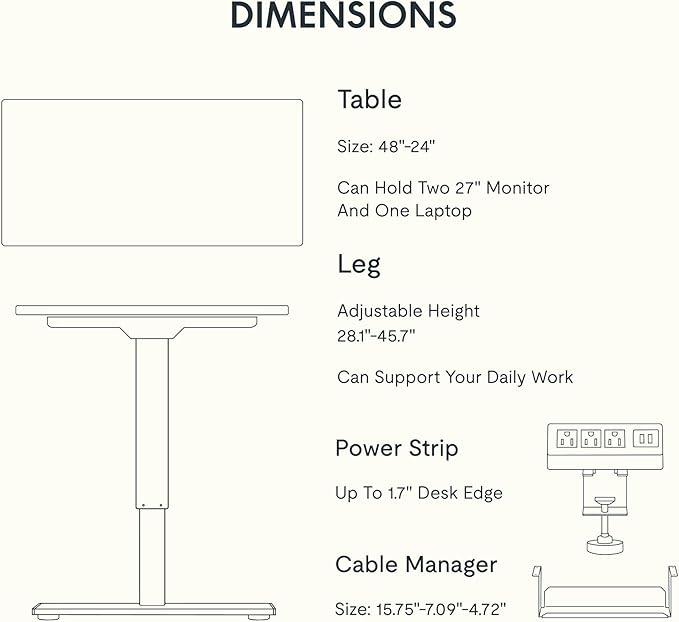 FLEXISPOT EN2 Whole-Piece Standing Desk with Clamp Power Strip, 48x24'' Electric Stand Up Height Adjustable Desk with Cable Management (Black Frame + 48" Black Table Top)