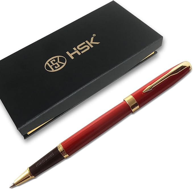 HSK Ballpoint Pens Executive Fountain Pen with Gold Trim, Gift Box Set, Available in Black, Red, Navy Blue,Black Refill Line width 0.5mm (Red)