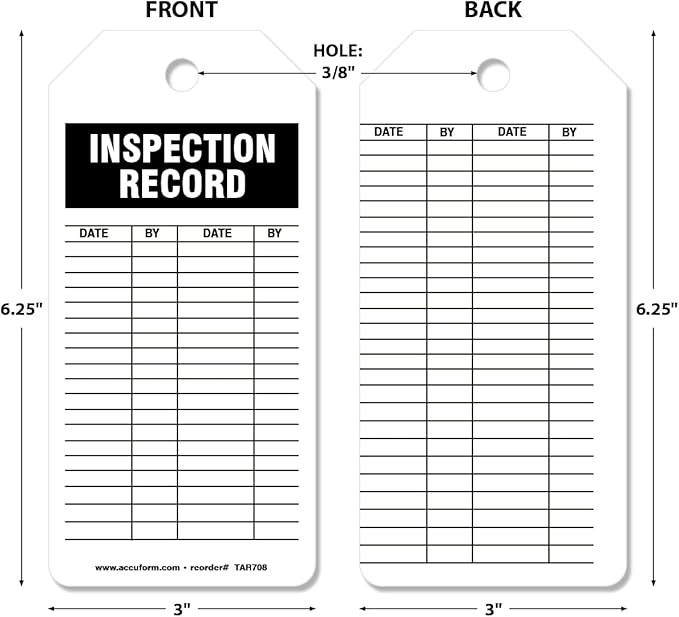 Accuform 100 Inspection and Status Record Tags by-The-Roll, Inspection Record, US Made OSHA Compliant Tags, Waterproof PF-Cardstock, Resists Tears, 6.25"x3", TAR708