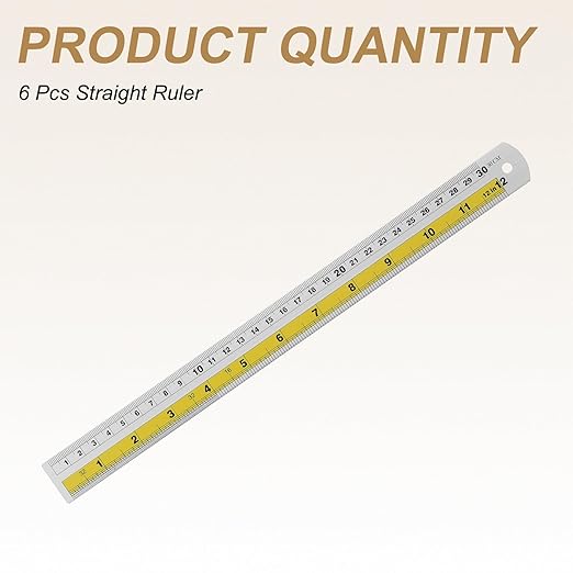 HARFINGTON 6pcs Metal Straight Ruler 30cm Metric SAE Aluminum Alloy Measuring Rulers Scale Tool with Hole for Measure Study Reading Classroom Office, Yellow